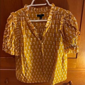J. Crew Yellow Embroidered Floral Ruffle Sleeve V-Neck Blouse